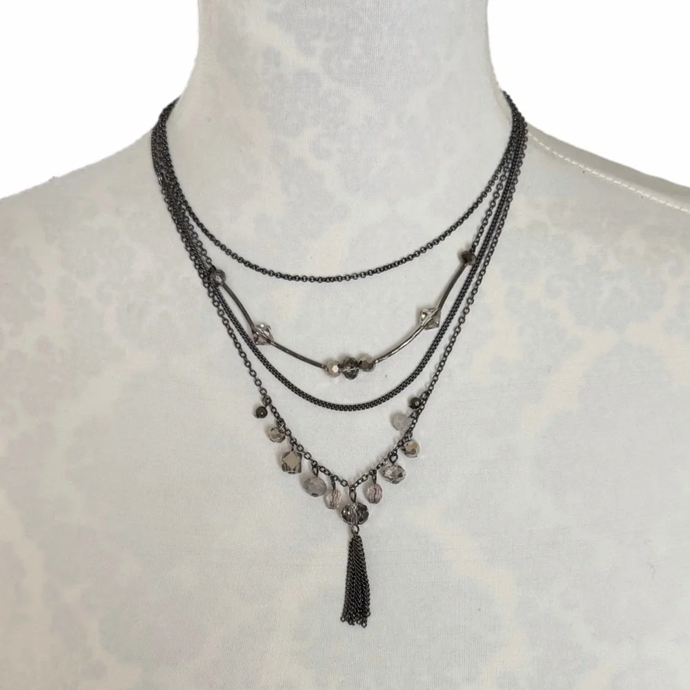 Express Layered Gunmetal Chain Necklace with Faceted Beads & Tassel